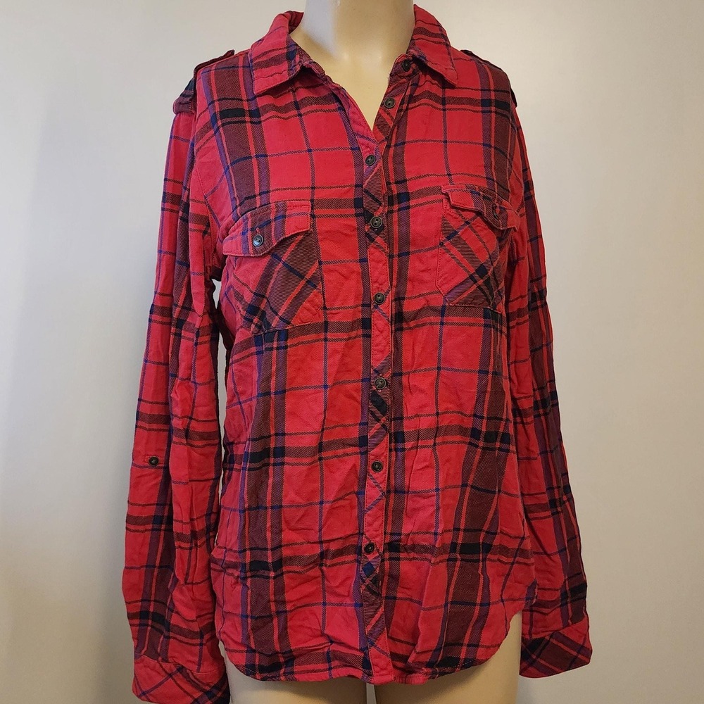 S red, black, and blue long sleeve plaid button up by C&C California tab sleeve